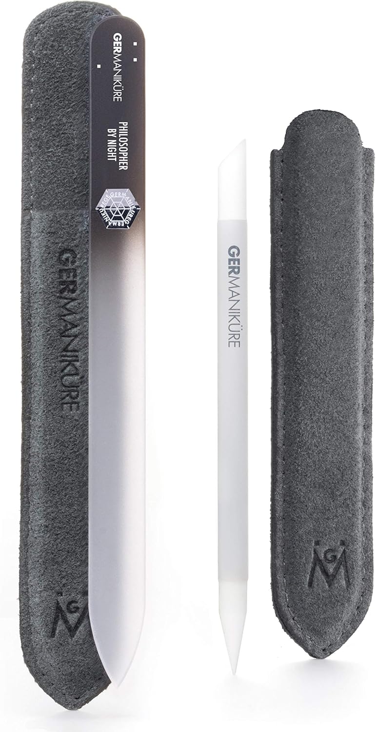 GERMANIKURE 2 Pc Glass Bundle - Crystal Glass Cuticle Stick & Philosopher by Night Nail File in Suede Sleeves – Handmade in Czech Republic – Pro Manicure Supplies – Cuticle Pusher, Callous Remover