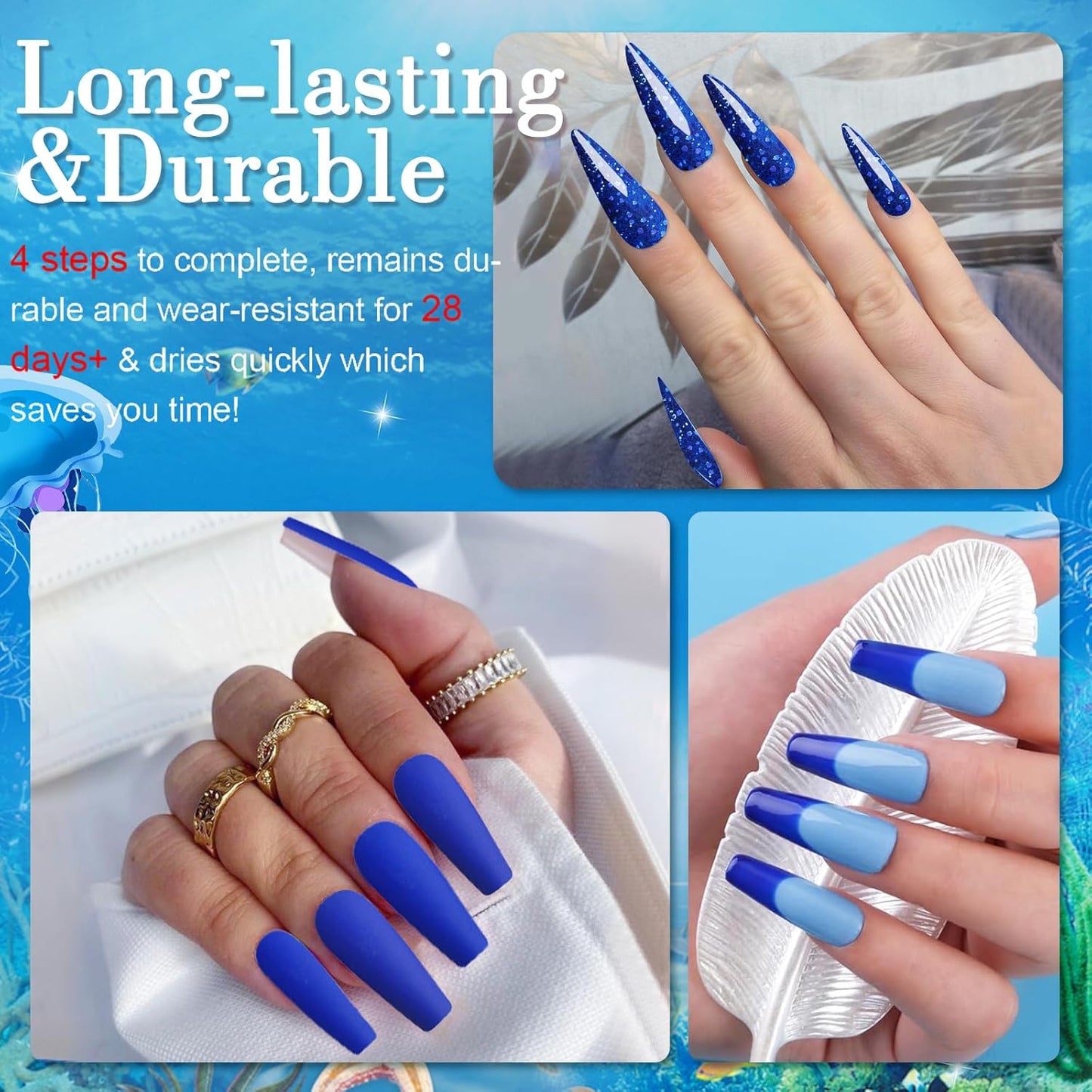 Honey Joy Dip Powder Nail Kit Starter,4 Colors Navy Blue Sky Blue Purple Glitter Dipping Powder Liquid Set with Base Top Coat for Nail Art Manicure Salon DIY No LED Nail Lamp Needed，Dip-7pcs-04