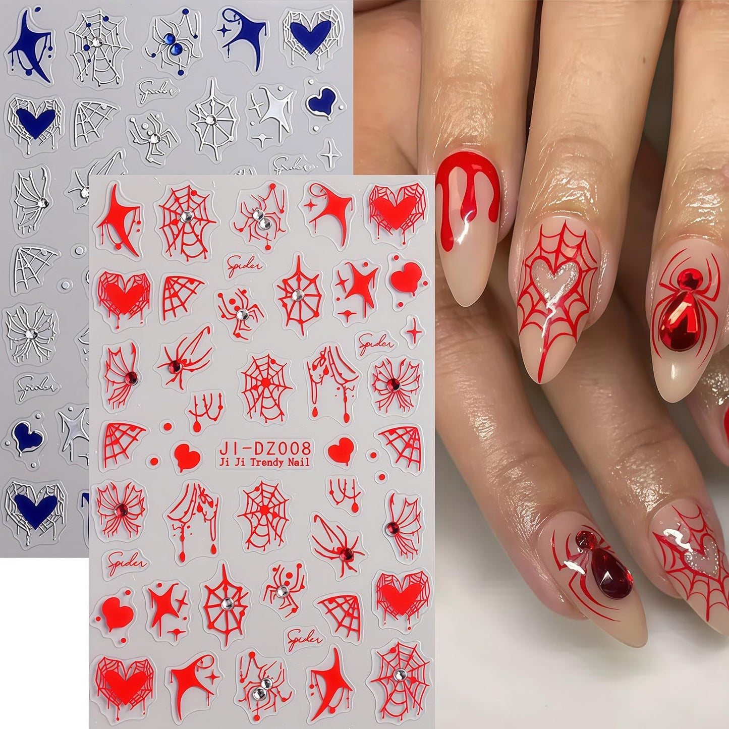 Halloween Spider Web Nail Stickers 3D Self-Adhesive Rhinestone Spider Butterfly Nail Decals Red Blue White Heart Spider Web Pattern Design Nail Sticker for Women Halloween Holiday DIY Manicure