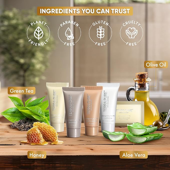 Terra Pure Spa Collection Bulk Set Toiletries | 1-Shoppe All-In-Kit Amenities for Hotels & Airbnb | 0.85 oz Hotel Shampoo & Conditioner, Body Wash, Lotion & Cleansing Bar Travel Size Tubes| 75 Pieces