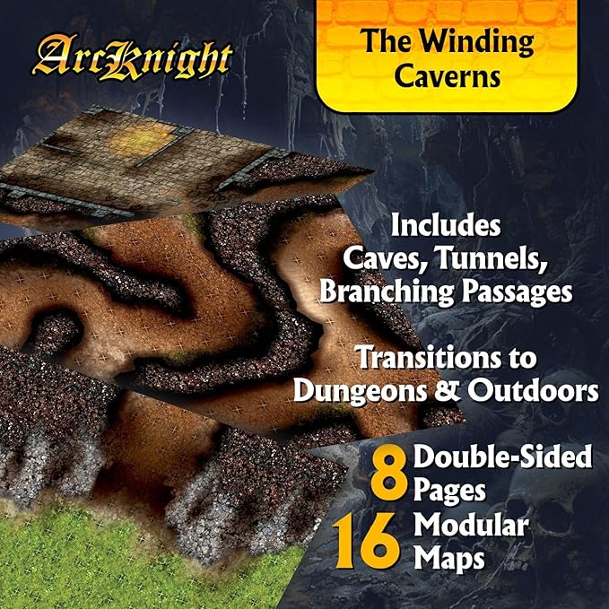 Arcknight The Winding Caverns Roleplaying Battlemaps; 16 Modular RPG Maps in 8 Double-Sided Pages, 1" Square Grid, Modular & Versatile Design for Tabletop Gaming - for Dungeons & Dragons & Pathfinder