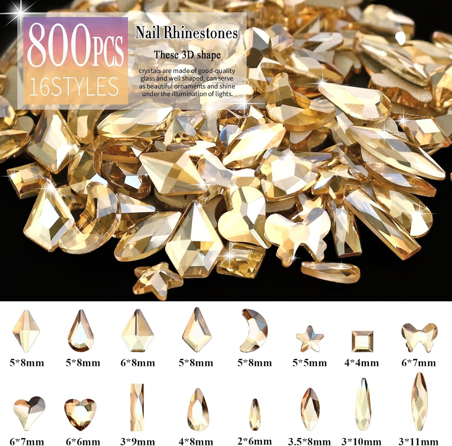 Dowarm 6000PCS Champagne Gold Nail Rhinestones, 16 Types of 800PCS Special-Shaped Diamonds + 5200PCS Flatback Rhinestones, 3D Glass Gemstones for Nail Crafts Decoration, Jewelry Gem Stones Charm