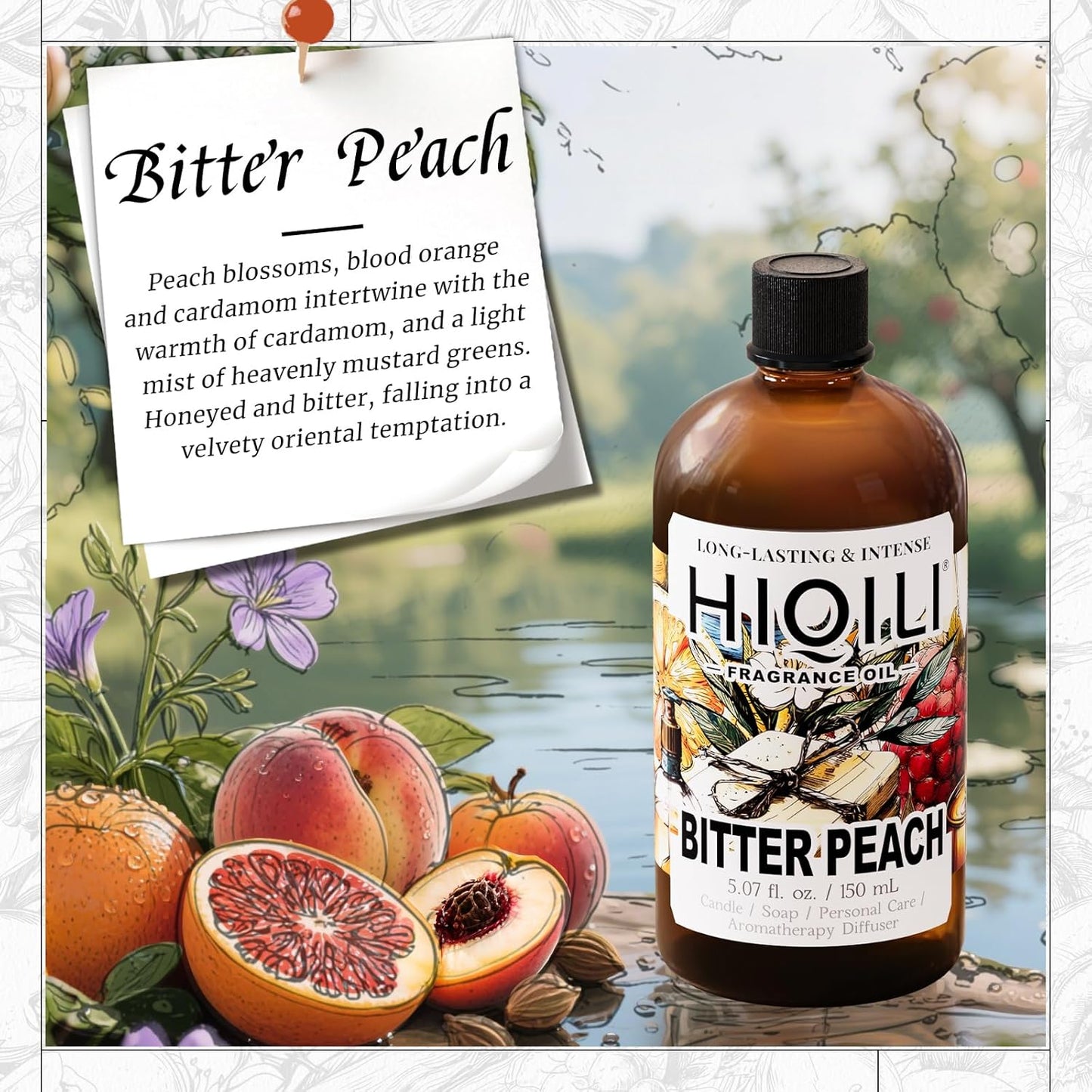 HIQILI Bitter Peach Fragrance Oil - for Candle, Soap & Sachets Bag Making, Inspired by T-F.rd Bitter-P.ch, for Home Diffuser, Add to Air Fresheners Spray - 5.07 Fl Oz