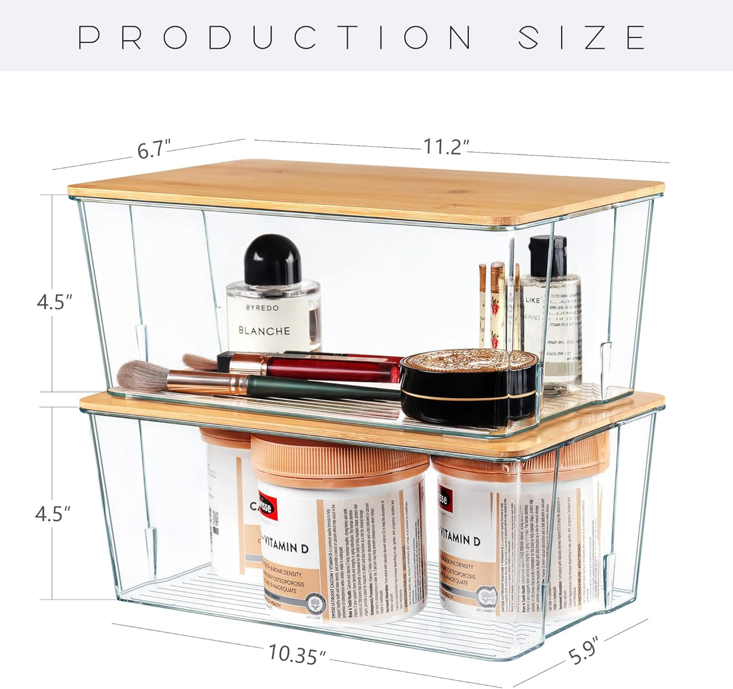 Hudgan 4 Pack Clear Plastic Storage Bins with Bamboo Lids, Stackable Storage Containers for Organizing Medicine Cabinet Organizer, Craft Room, Bread Box