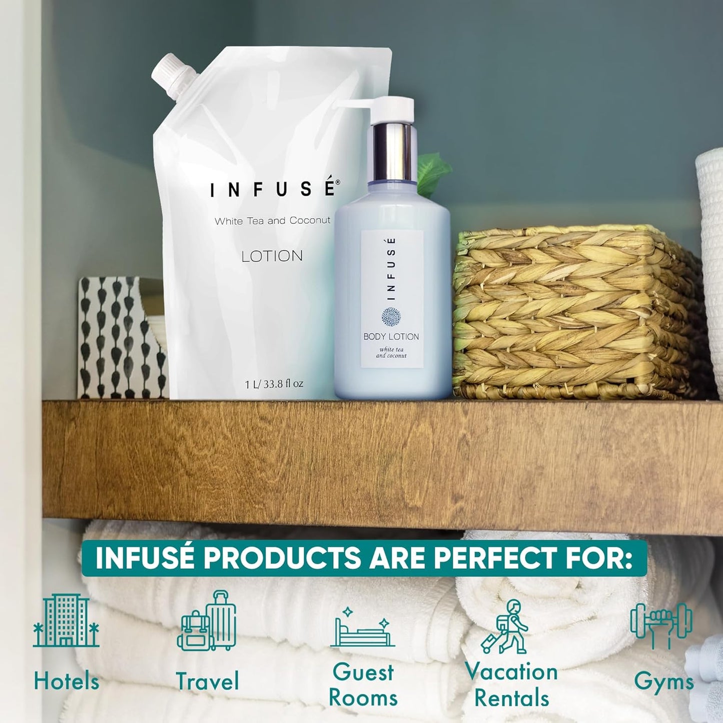 1 Liter Lotion Refill Bag For Soap Dispensers | Bulk Toiletries for Vacation Rentals, and Home Bathroom Showers | White Tea and Coconut | Single