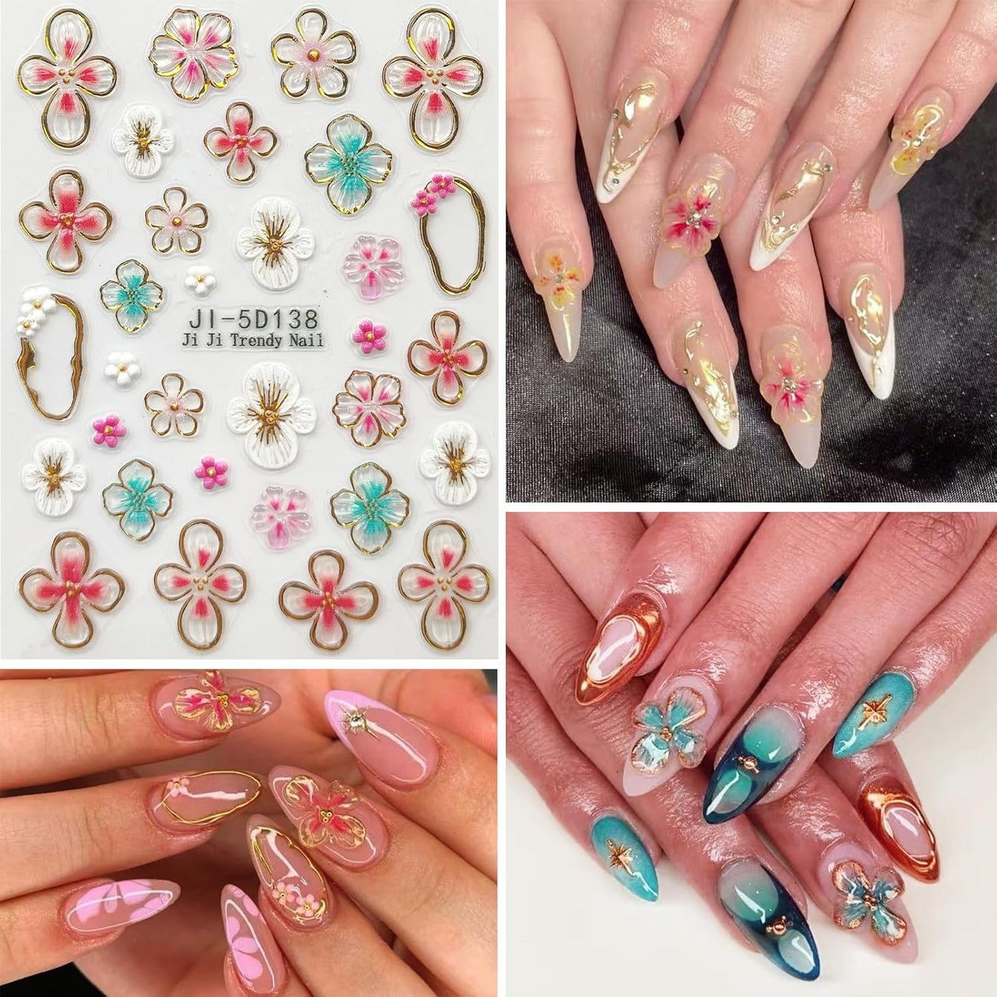 Flower Nail Art Stickers Decals 5D Embossed Nail Decals Spring Summer Pink Purple Nails Design Self-Adhesive Supplies Accessories 3D Flower for Women Nails DIY Decoration(5 Sheets)