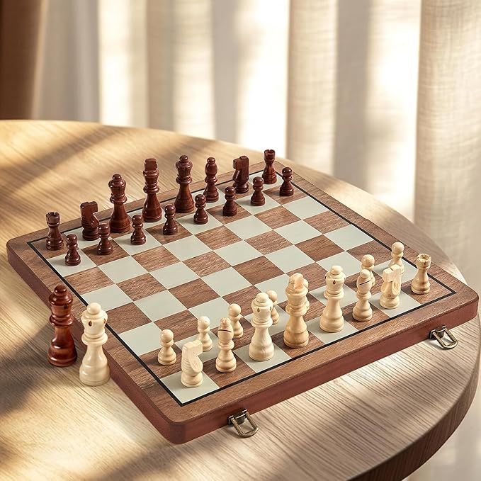 MerryPony 2 in 1 Magnetic Wooden Chess and Checkers Set, 15" Foldable Chess set for Adults & Kids, Chess Board with 2 Extra Queens, Travel Chess Set with Pieces Storage Slots, Ideal Chess for Beginner