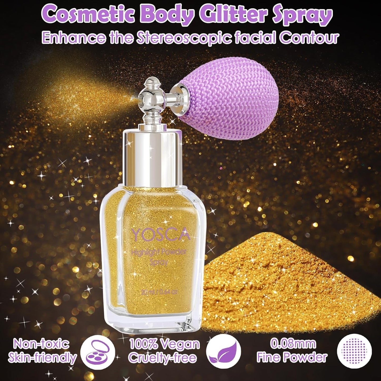 Yosca Body Glitter Spray, 30ML Loose Body Shimmer Powder Hair Spray Gold Glitter Sparkle Highlighter Makeup Mardi Gras Festival Accessories for Rave Clothes Hair Face Nail Art