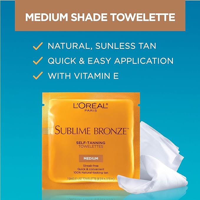 L'Oreal Paris Sublime Bronze Self Tanning Towelettes, Streak-Free, Natural Looking Tan, 6 ct (Pack of 2)