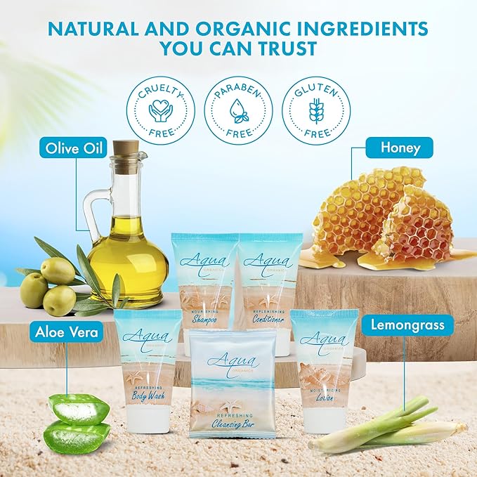 Aqua Organics Amenity Kit|Boxed Hotel Toiletries|Bulk Set 1 oz Travel Size Shampoo, Conditioner, Lotion, Body Wash & Bar Soap for Guest Hospitality AirBnB/Vacation Rentals|300 Pieces