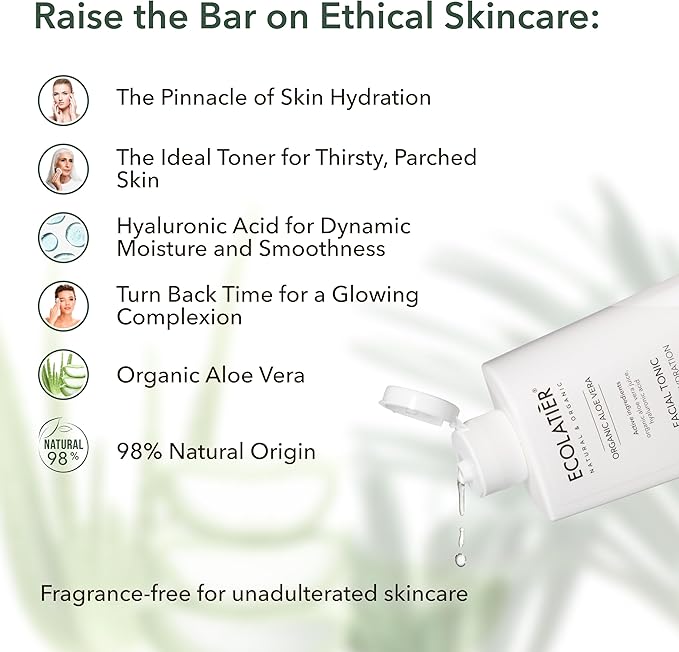 Organic Aloe Vera Facial Toner - 98% Natural Ingredients - Intense Hydration, Hyaluronic Acid, 98% Natural, Vegan - Deep Moisture, Refreshes, and Revitalizes The Skin - 8.5 Fl Oz / 250ml