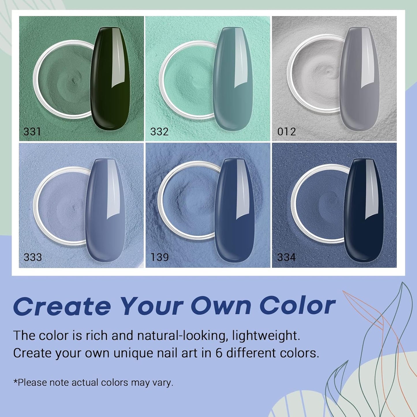 AZUREBEAUTY Dip Powder Nail Set Blue Sage Green Grey Shades, 6 Dark Colors Dipping Powder Starter Kit French Nail Art Manicure DIY Salon for Women, No Need Nail Lamp Cured