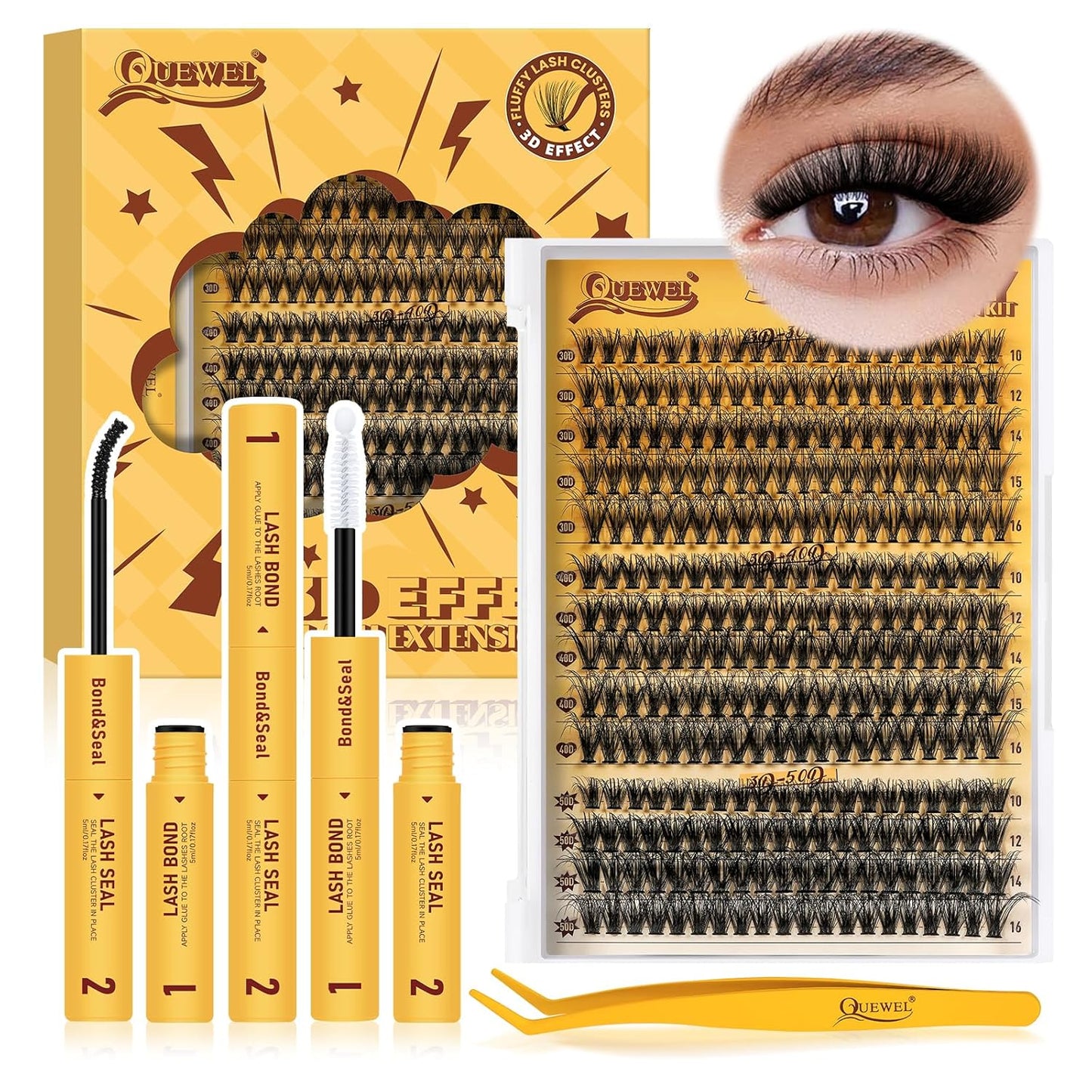 QUEWEL DIY-Lash-Extension-Kit, 3D Lash-Clusters-Kit with 280PCS 30+40+50D Lashes Clusters Mixed 10-16mm Eyelash Clusters, Lash Bond and Seal, Eyelashes Tweezers DIY at Home(3D 30+40+50 KIT)