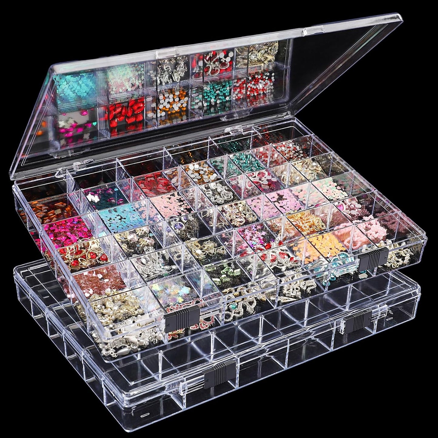 Noverlife 2 Pack 36 Grids Clear Plastic Organizer Box, Jewelry Craft Storage Container Bead Holder Nail Charm Organizer, Rock Collection Box for Fishing Tackles, Acrylic Earring Display Case for Girls