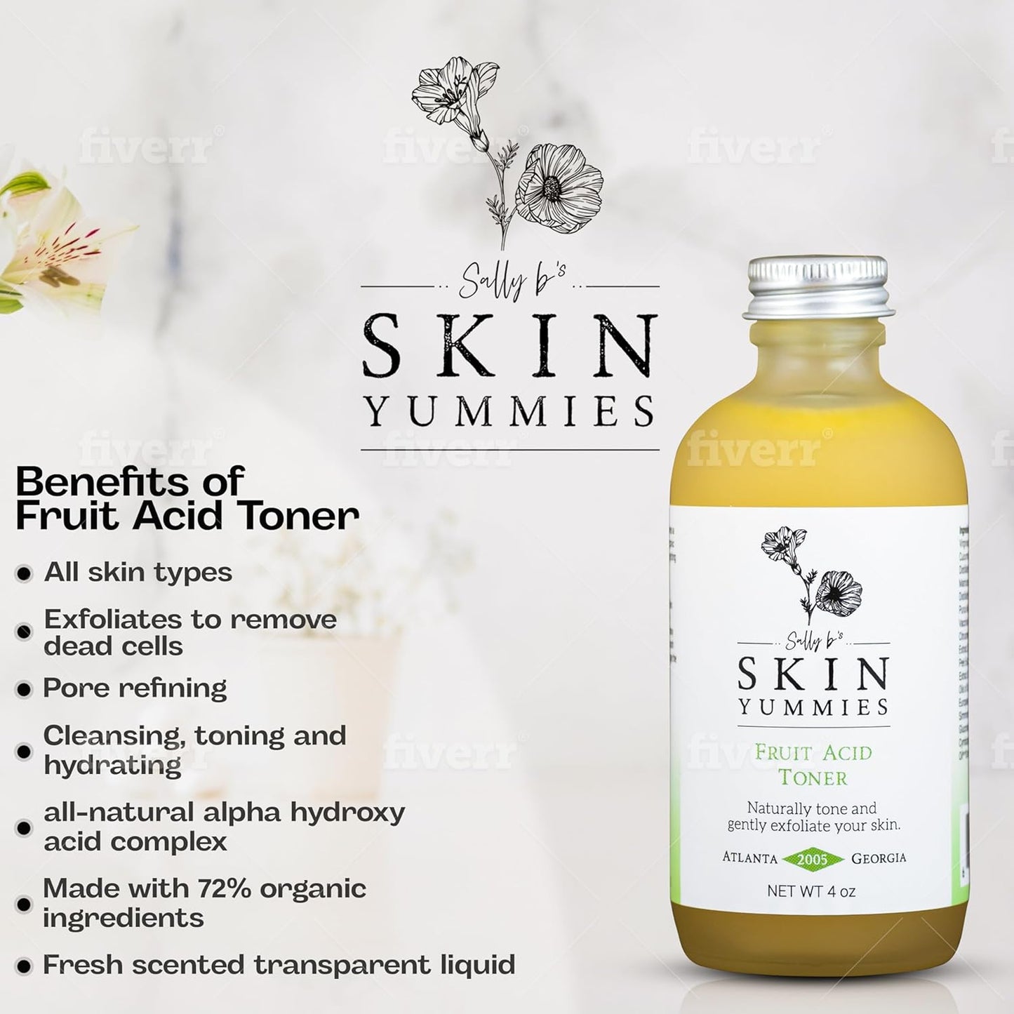 Sally B's Fruit Acid Face Toner and Daily Exfoliator/Alpha Hydroxy Acid (AHA) / 5 in 1 Action: Astringent, Cleansing, Calming, Exfoliating, and Hydrating / 4OZ