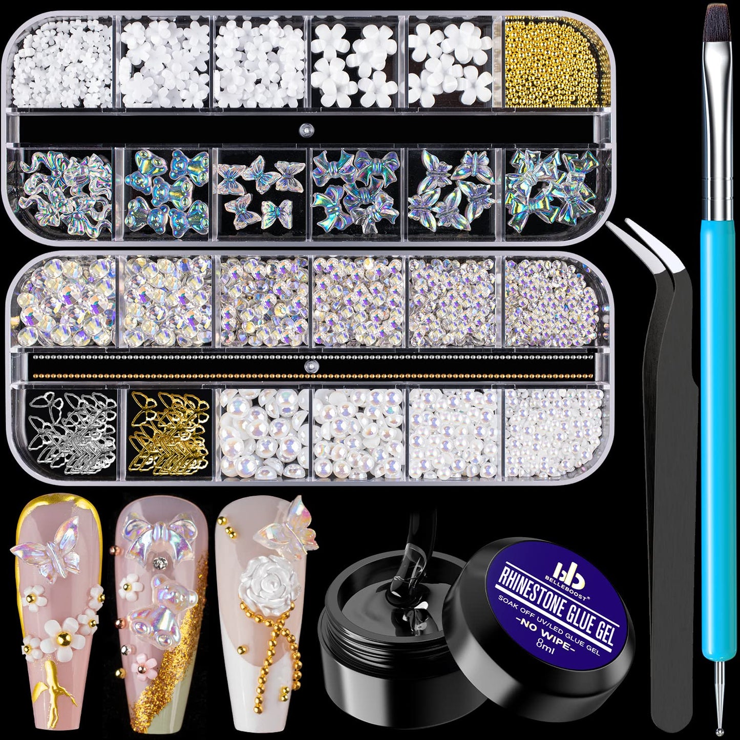 Mixed 3D Nail Art Gem Decoration Accessories Kit #5, Aurora Bear Bow Butterfly Starry AB Rhinestone Charm Jewelry for Deco, Pearl Flower Caviar Bead Stone Crystal with Dual-End Brush and Tweezer