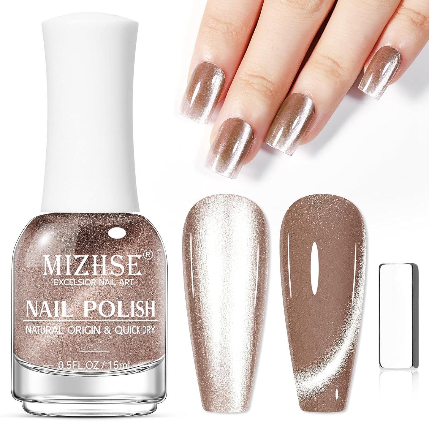 MIZHSE Cat Eye Nail Polish: Quick Dry Brown Magnetic Nail Polish with Magnet, Air Drying Fast Fall Color Nail Lacquer 15ml Cateye Effect for Women Girl Non-Gel Nail Art Manicure DIY Home