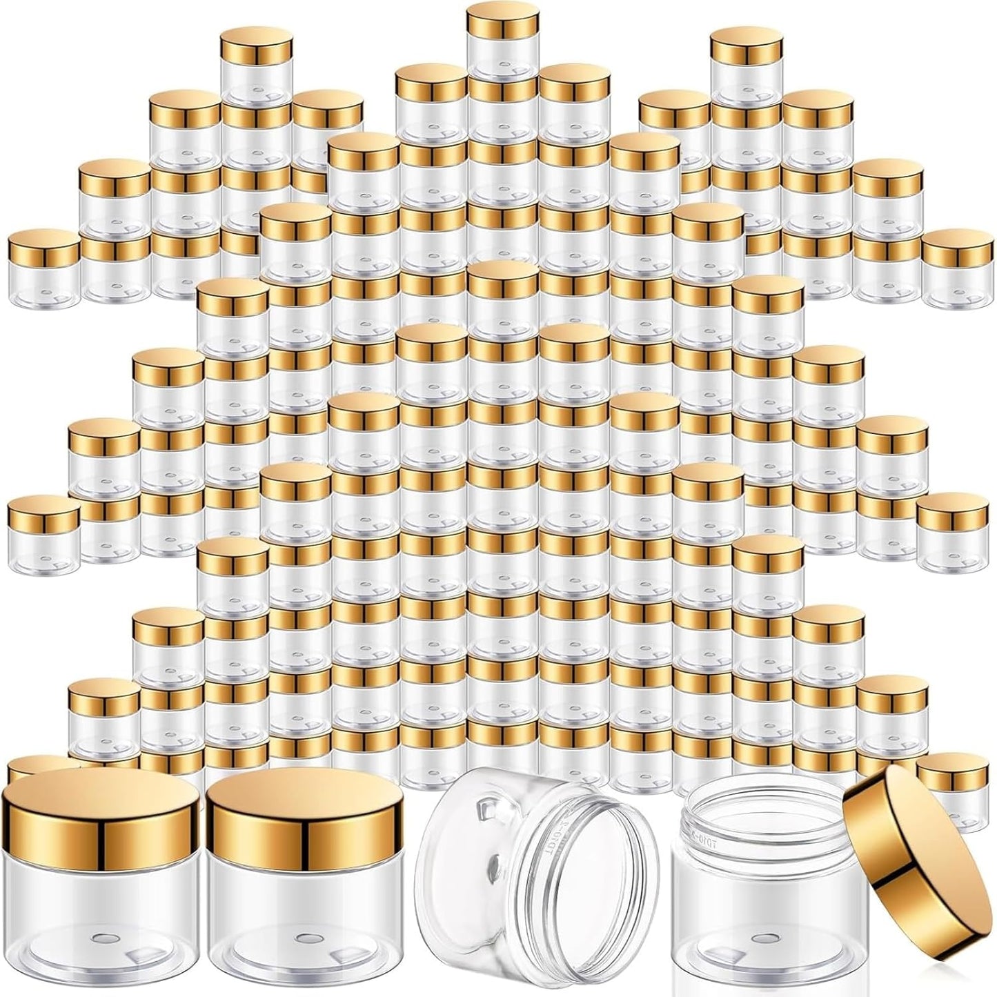 SATINIOR 100 Pcs Plastic Jars with Lids Small Containers Lids Wide Mouth Small Plastic Containers for Lotion Cream Rhinestones Body Butters Travel Storage(10 oz,Gold)