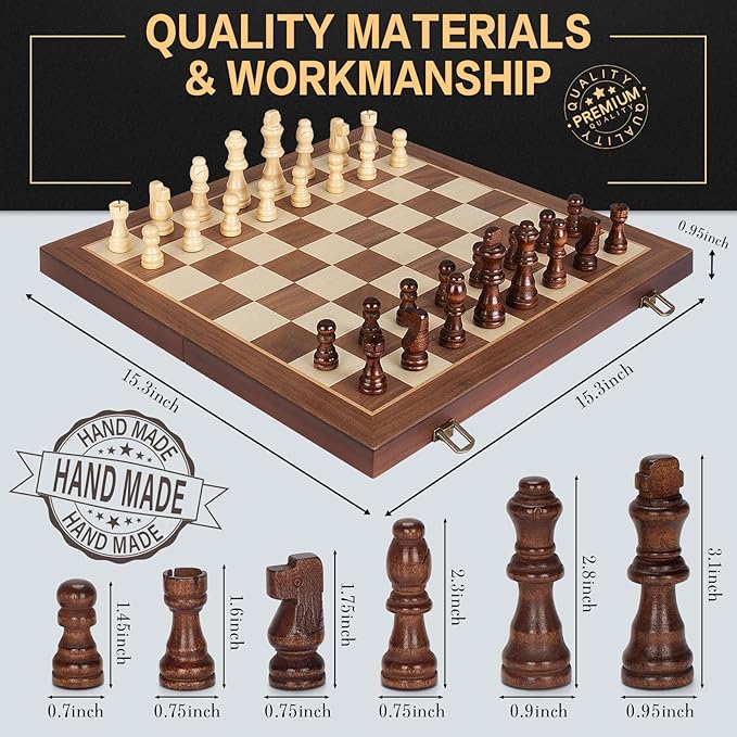 Magnetic Wooden Chess Set, 15" Folding Chess Board with 2 Extra Queens, Portable Travel Chess Set with Pieces Storage Slots, Beginner Chess Board Game for Adults & Kids