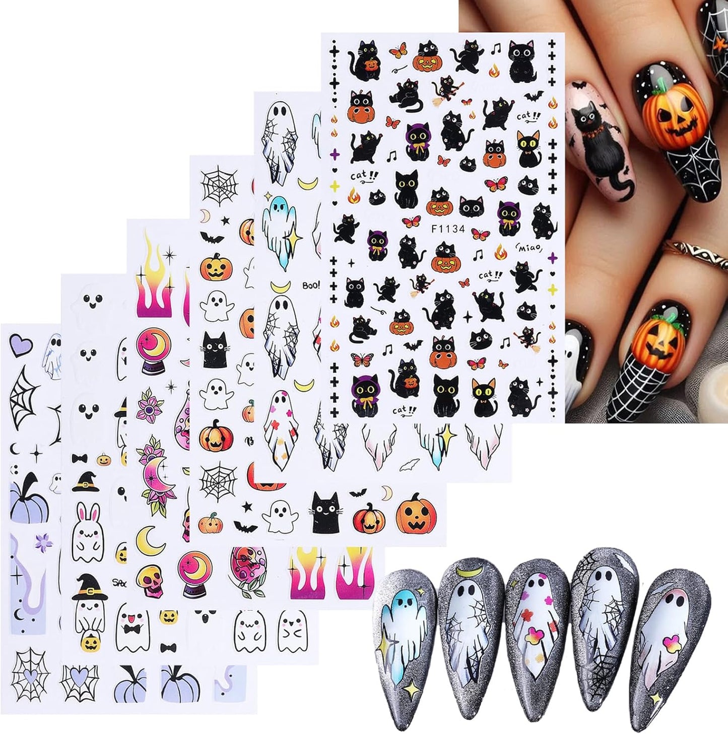 Halloween Nail Stickers for Nail Art Cute Ghost Black Cat Pumpkin 3D Self-Adhesive Nail Decals Nail Art Supplies Ghost Skull Flame Pumpkin Nails Design Manicure Stickers for Nails Decoration 6Sheets