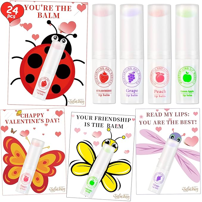 24 Pack Valentines Day Gifts for Kids lip balm bulk,chapstick bulk,party favors for kids boys girls,Natural Moisturizing Lip Balm for dry cracked lips,goody bag filler,Wedding Gifts