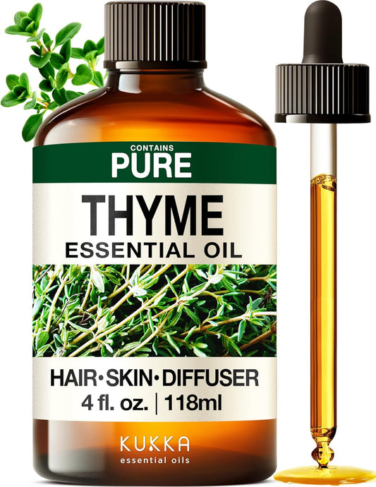 Kukka Thyme Essential Oil for Hair, Skin & Diffuser - 4 Fl Oz - Thyme Oil, Herbaceous Scent, for Aromatherapy, DIY Soap Making Scents