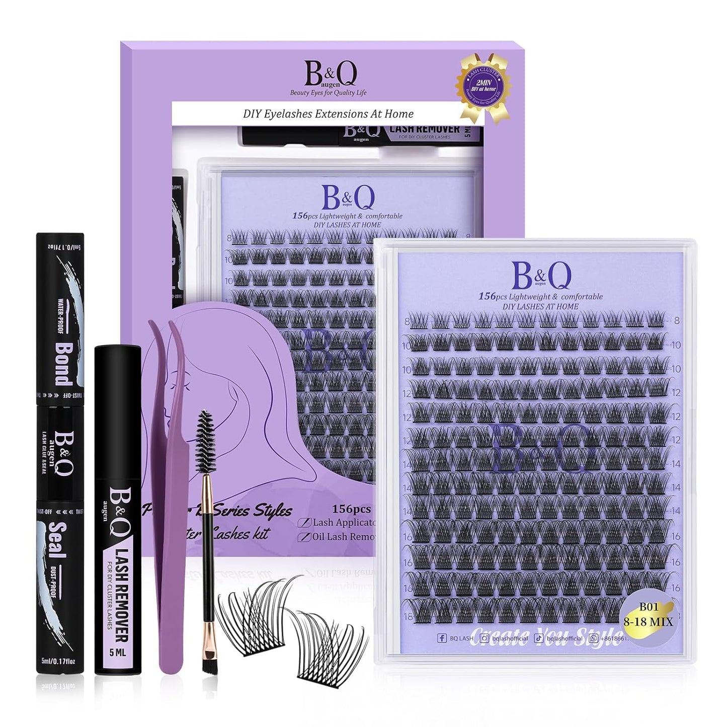 Lash Extension Kit B01 Eyelash Extension Kit B&Qaugen DIY Lash Extension Kit 156 PCS Lash Clusters 8-18mm Cluster Eyelash Extensions Kit with Lash Bond and Seal Lash Applicator Tool (Kit,B01)