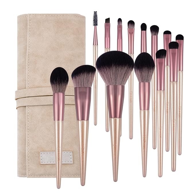 DUcare Makeup Brushes with Bag - 14Pcs Professional Synthetic Make Up Brushes Set for Blush Concealer Foundation Bronzer Powder Eyebrow Eyeshadow Blending Makeup Brush Set Mekaup bag, Rose Golden