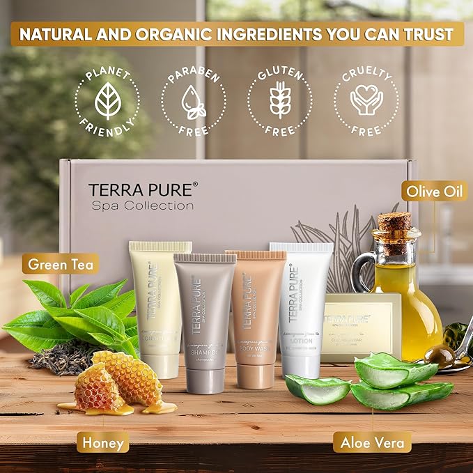 Terra Pure Spa Collection Amenity Kit | Hotel Toiletries | Bulk Set 0.85 oz Travel Size Shampoo,Conditioner, Lotion, Body Wash & Massage Bar for Guest Hospitality AirBnB/Vacation Rentals |1 set/ case