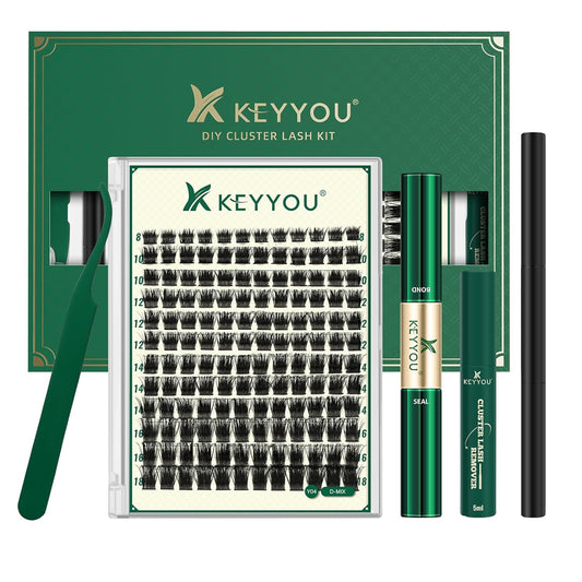 DIY Lash Extension Kit KEYYOU 144pcs Lash Clusters Eyelash Extension Kit with Mascara Brush Bond and Seal Lash Glue Remover Lash Applicators Lash Brush for DIY Lash Extensions (Y04 Kit)