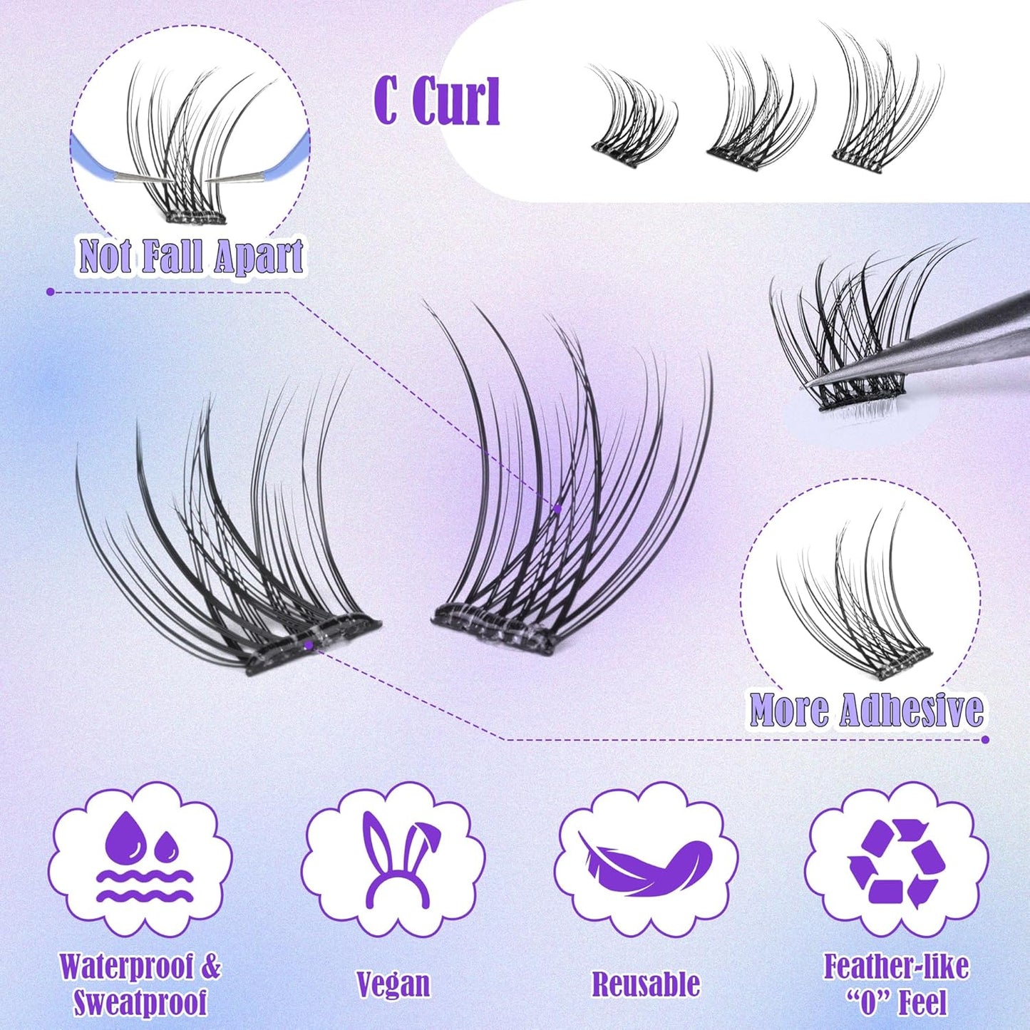 Self Adhesive Eyelashes Reusable Natural Self Adhesive Lash Clusters Wispy Press on Lashes Pre-Glue 8-12mm 120pcs C Curl DIY Eyelash Extensions Kit No Glue Needed by ALICE