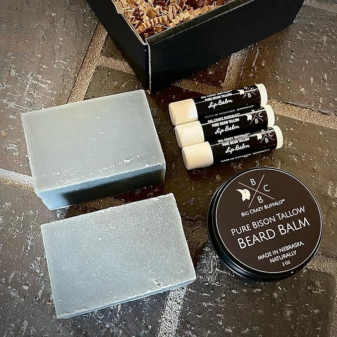 Pure Bison Tallow Beard Gift Set - Shave Bar, Beard Balm, Unscented Lip Balm - Conditions, Strengthens, Moisturizes, Soothes, Softens, Naturally Derived, No Dyes, Naturally Derived