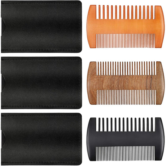 Natural Sandalwood Wooden Dual Action Beard and Mustache Comb Set with Leather Cases for Beards and Mustaches (Black, Yellow, Brown)