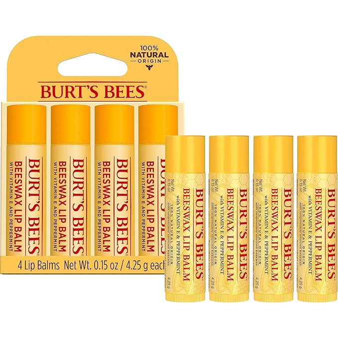 Burt's Bees Lip Balm - Original Beeswax, Lip Moisturizer With Responsibly Sourced Beeswax, Tint-Free, Natural Origin Conditioning Lip Treatment, 4 Tubes, 0.15 oz.