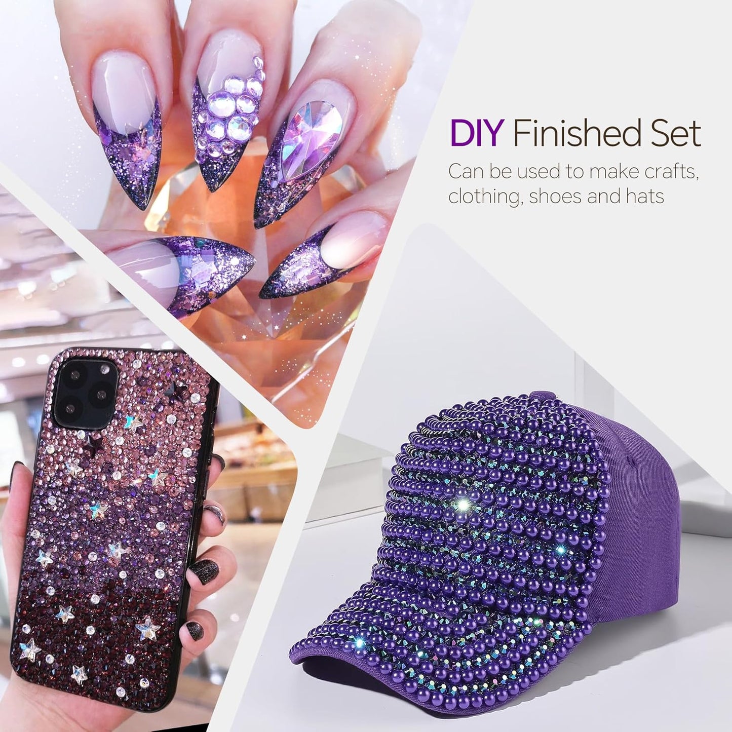 60g Purple AB Flat Back Pearls Rhinestones for Crafts Mixed Size 3mm-10mm AB Color Round Half Pearls Flatback Pearl Beads and Resin Rhinestones Set for Face Art