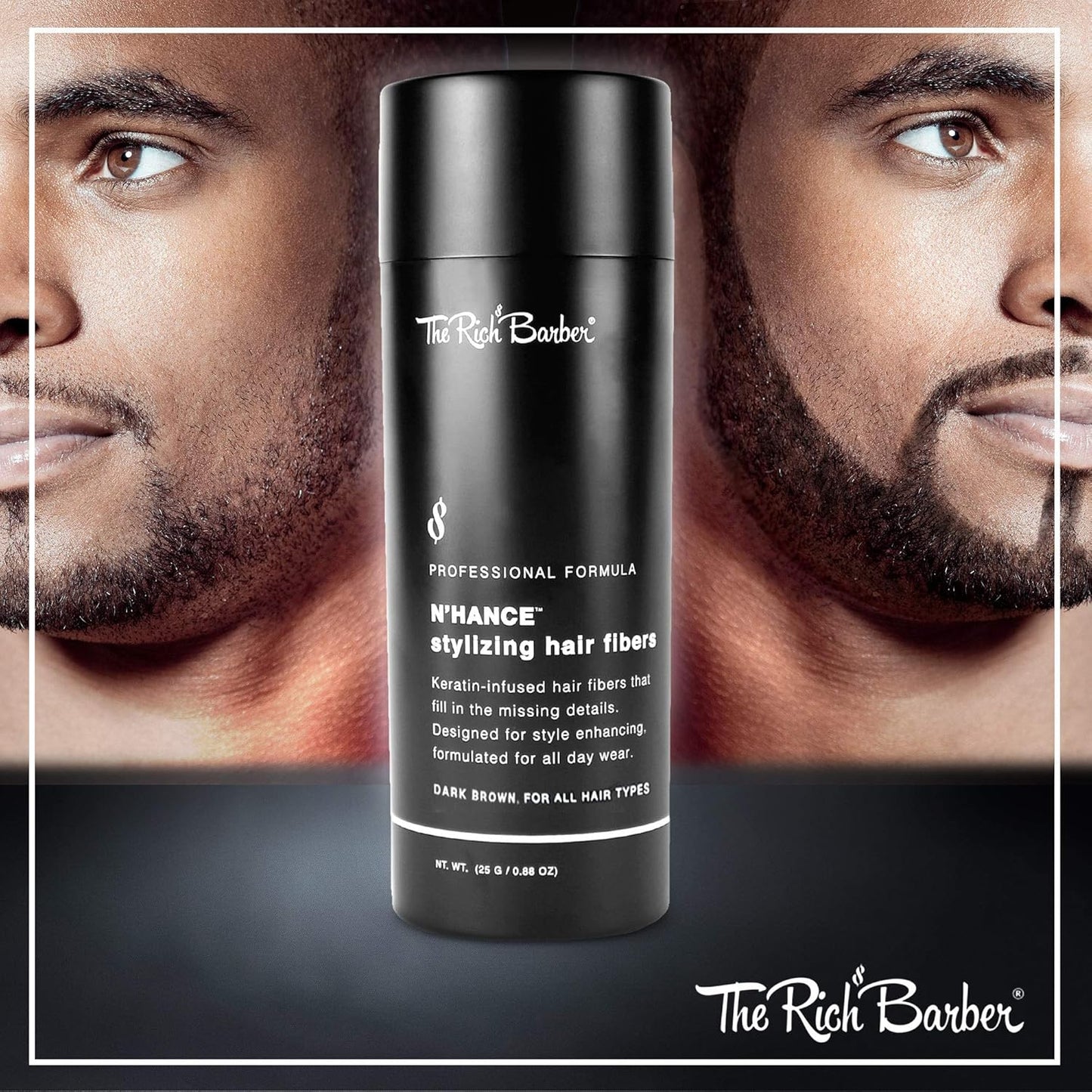 The Rich Barber N’Hance Hair Building Fibers, 3 Month Supply - Barber Hair Thickening Fibers, 25 grams - Grey Hair Concealer Spray - Sharper Hairlines, Thicker Beard & Fuller Hairstyling (Dark Brown)