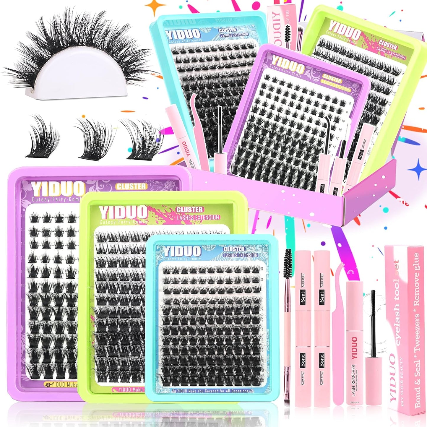 3 Styles Lash Clusters Kit Bulk Packs with 2×Bond&Seal Volume/Manga/ultra/Dramatic Eyelash Extensions 8-18mm lashes Clusters Kit Wispy D Curl Individual Fake Eyelashes Kit DIY at Home Easily