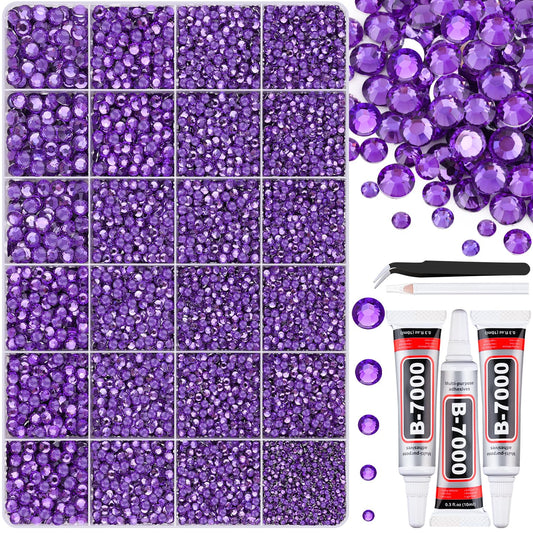 30000Pcs Resin Purple Rhinestones for Bedazzling Crafting with b7000 Jewelry Glue, Bulk Flatback Gems Bedazzler Kit for Crafts Clothes Shoes Fabric Nail Diamond Art, Assorted Size 2/3/4/5/6mm