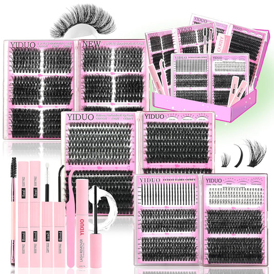 6 Box Mix Lashes Clusters Kit Gift Packs 1686Pcs with 2X Bond&Seal Volume Mega/Bottom Soft Extension False Eyelash D Curl Wispy Natural DIY Individual Fake Eyelashes for Beginners Bulk Pack