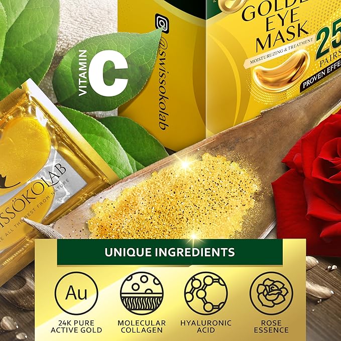 SWISSÖKOLAB Under Eye Patches For Puffy Eyes 24k Gold Eye Mask Dark Circles And Puffiness Collagen Eye Gel Pads Moisturizing & Reducing Wrinkles Anti-Aging Hyaluronic Acid (24K Gold Eye Mask)