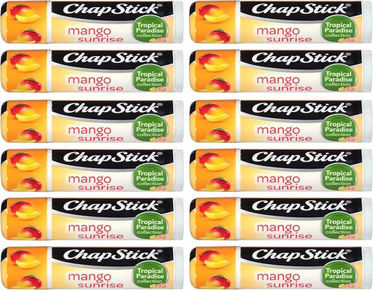 ChapStick Tropical Paradise (Mango Sunrise Flavor, 0.15 Ounce) Lip Balm Tube, Skin Protectant, Lip Care, (1 Tray, 12 Sticks)