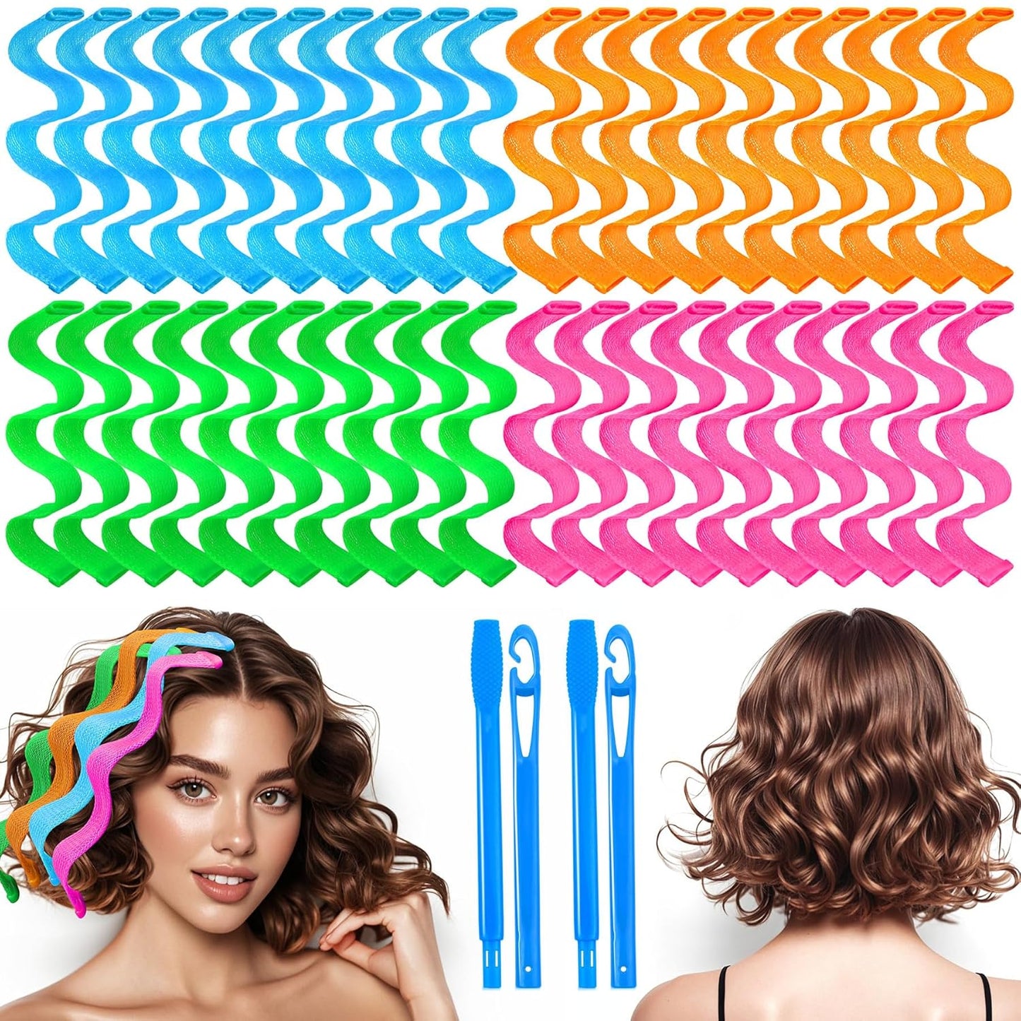 42 Pieces Heatless Waves Hair Curler, No Heat Damage Wavy Hair Curlers with 2 Sets of Styling Hooks, Heatless Curls for Women Girls Short Hair(4 Colors,25cm/ 9.9")