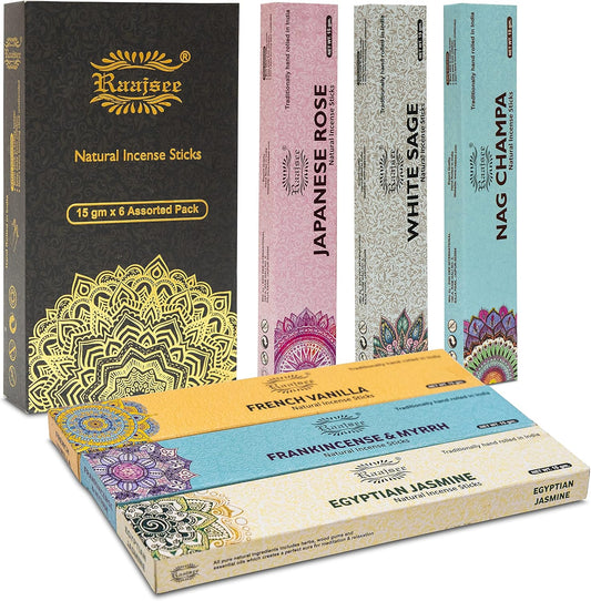 raajsee Incense Sticks 6 Pack Variety Set 15gm Each, Nag Champa- Jasmine - vanila-Japanese Rose-White Sage,100% Organic Hand Rolled- Perfect for Yoga, Meditation,Aromatherapy