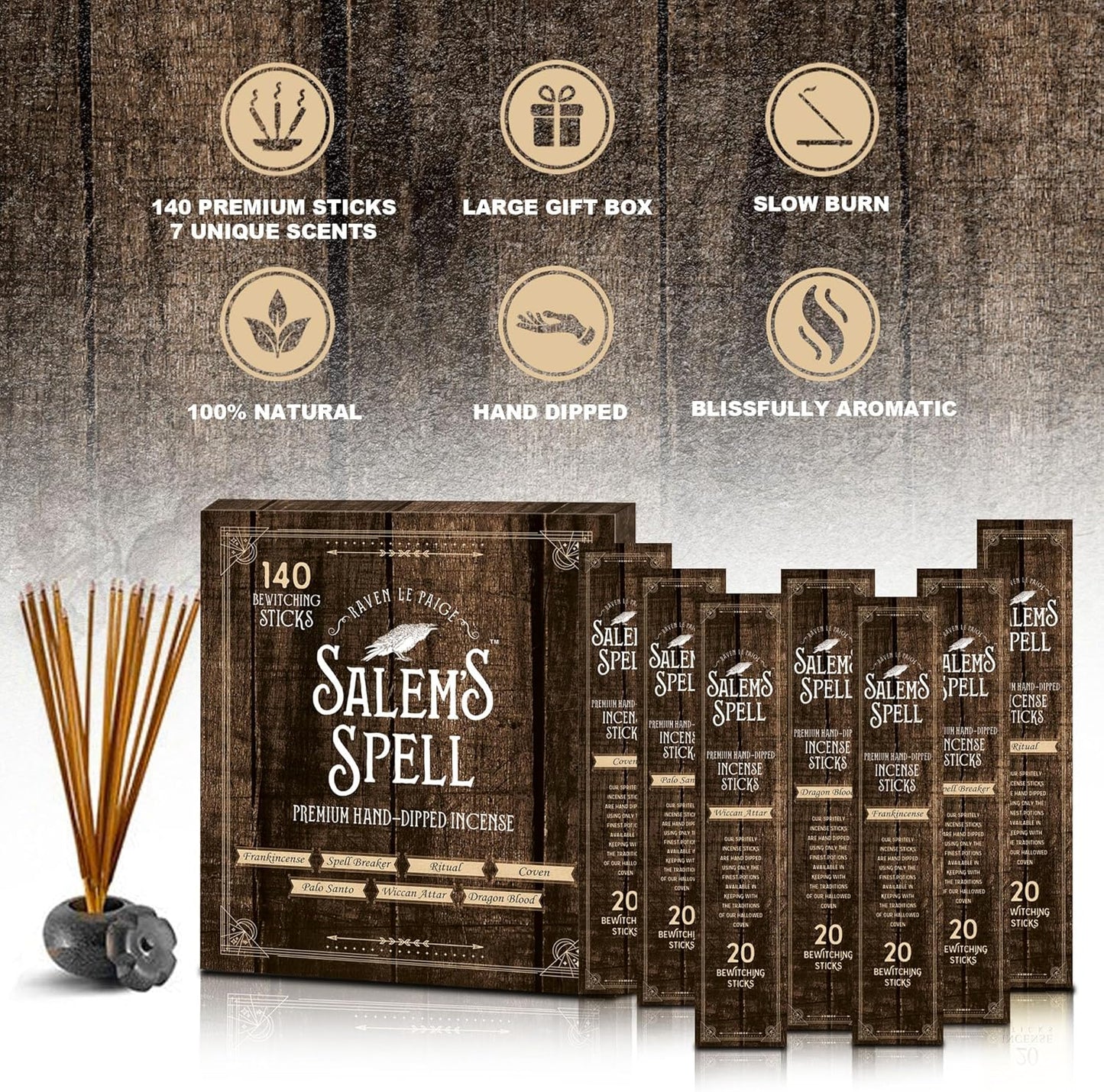 Mecka Salem Spell Incense Sticks | Set of 7 | Premium Slow Burn Organic Incense Sticks for Wicca Rituals and Mystic Vibes | 140 Insense Sticks of Palo Santo, Frankincense, Dragon Blood