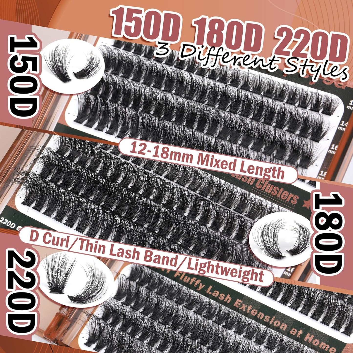 Focipeysa Fluffy Lash Clusters Wispy Lash Extension 12-18mm Eyelash Clusters 150D+180D+220D Individual Eyelashes Extensions, DIY Clusters Lashes at Home (240pcs 12-18mm Mixed)