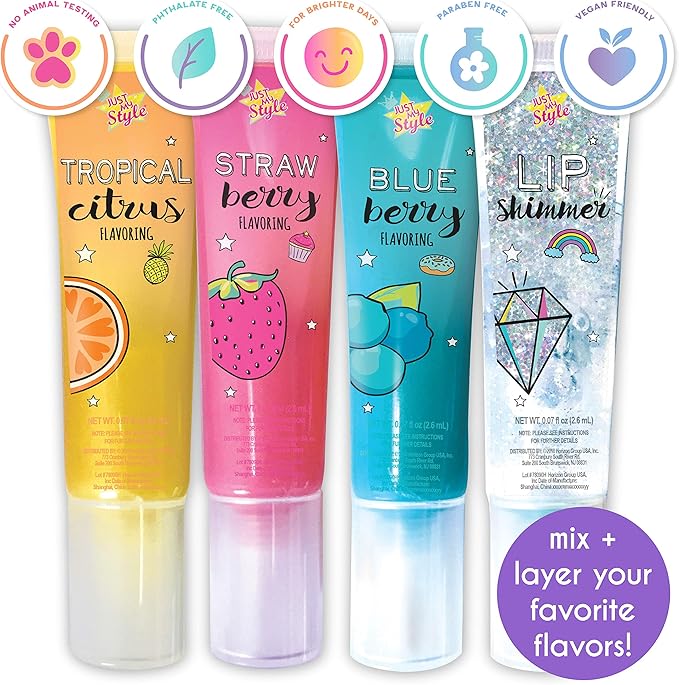 Just My Style Flavor Lab Lip Gloss by Horizon Group USA, DIY 4 Custom Lip Glosses By Mixing Colorful Flavors & Lip Shimmer. Flavors, Shimmer, Lip Gloss Tubes Mixing Stick & Instructions Included