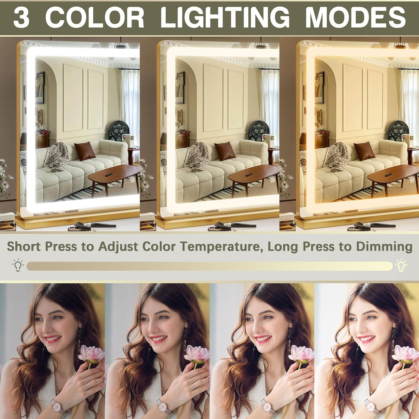 Gold Vanity Mirror with Lights, 32" x 22" Large Lighted Vanity Mirror with Dimmable 3 Modes, LED Makeup Mirror, USB Charging Port, Tabletop or Wall-Mounted