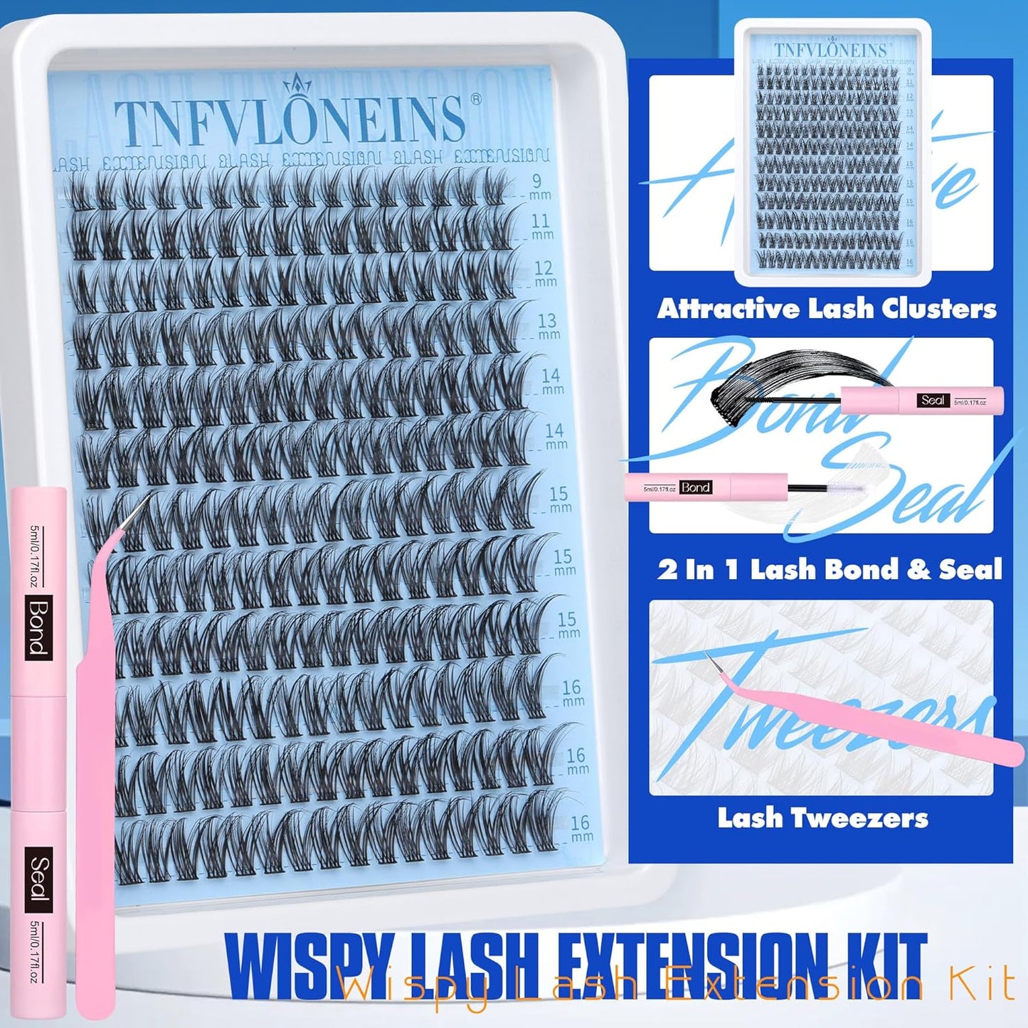 Wispy Lash Clusters Kit Natural Eyelash Extension Kit C Curl Lash Extension Kit Waterproof Individual Lashes Clusters DIY Cluster Eyelash Extensions Soft Eyelash Clusters Kit,Bond and Seal TNFVLONEINS