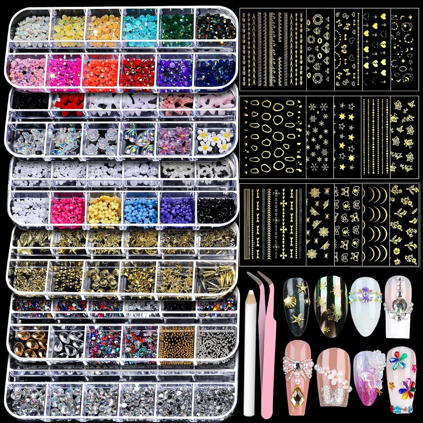 Teenitor Nail Charms Nail Gems with 15 Sheets Gold Nail Stickers, 6 Boxes of Rhinestones for Nails Art Tools, 3D Nail Decals Pearls for Nails