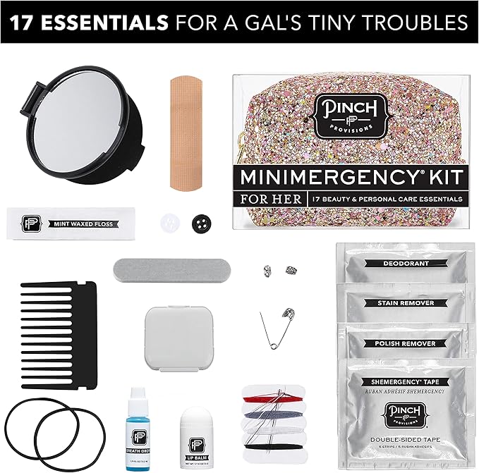 Pinch Provisions Rose Gold Minimergency Kit, includes 17 Travel-Sized Cosmetic Essentials, Convenient for Purses, Emergency Beauty Accessories, Gifts for Holiday’s & Birthday’s